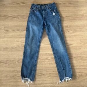 levi’s dark blue medium wash denim high rise button waist cut off jeans pants